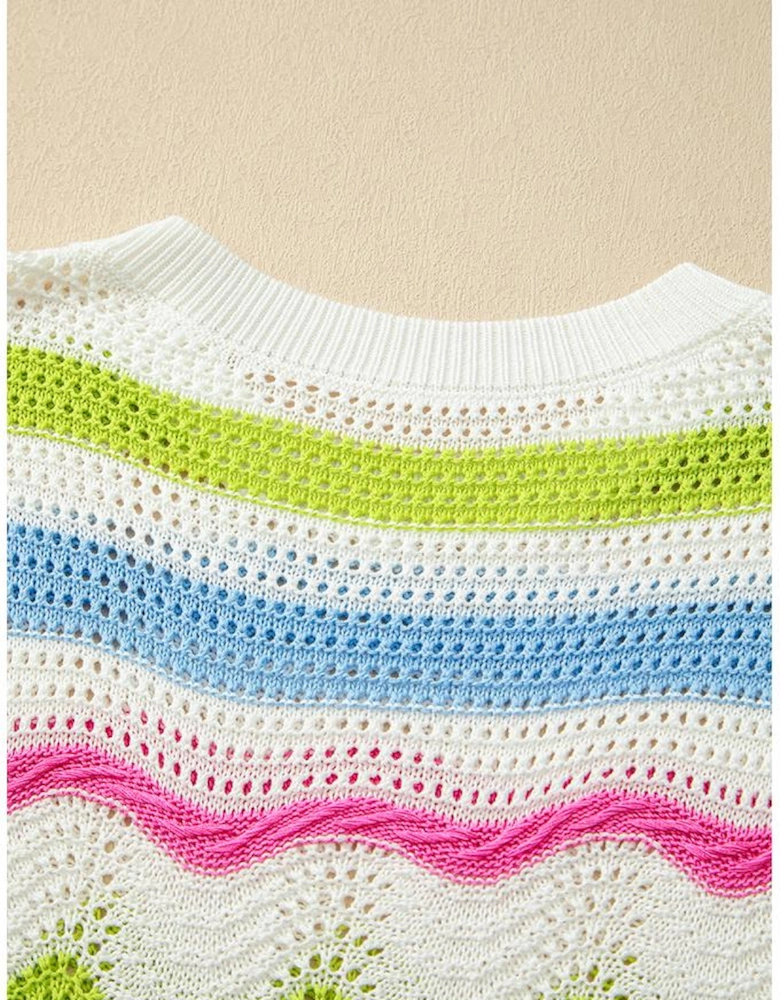 White Colorblock Crochet Knit Ruffled Short Sleeve Sweater Top