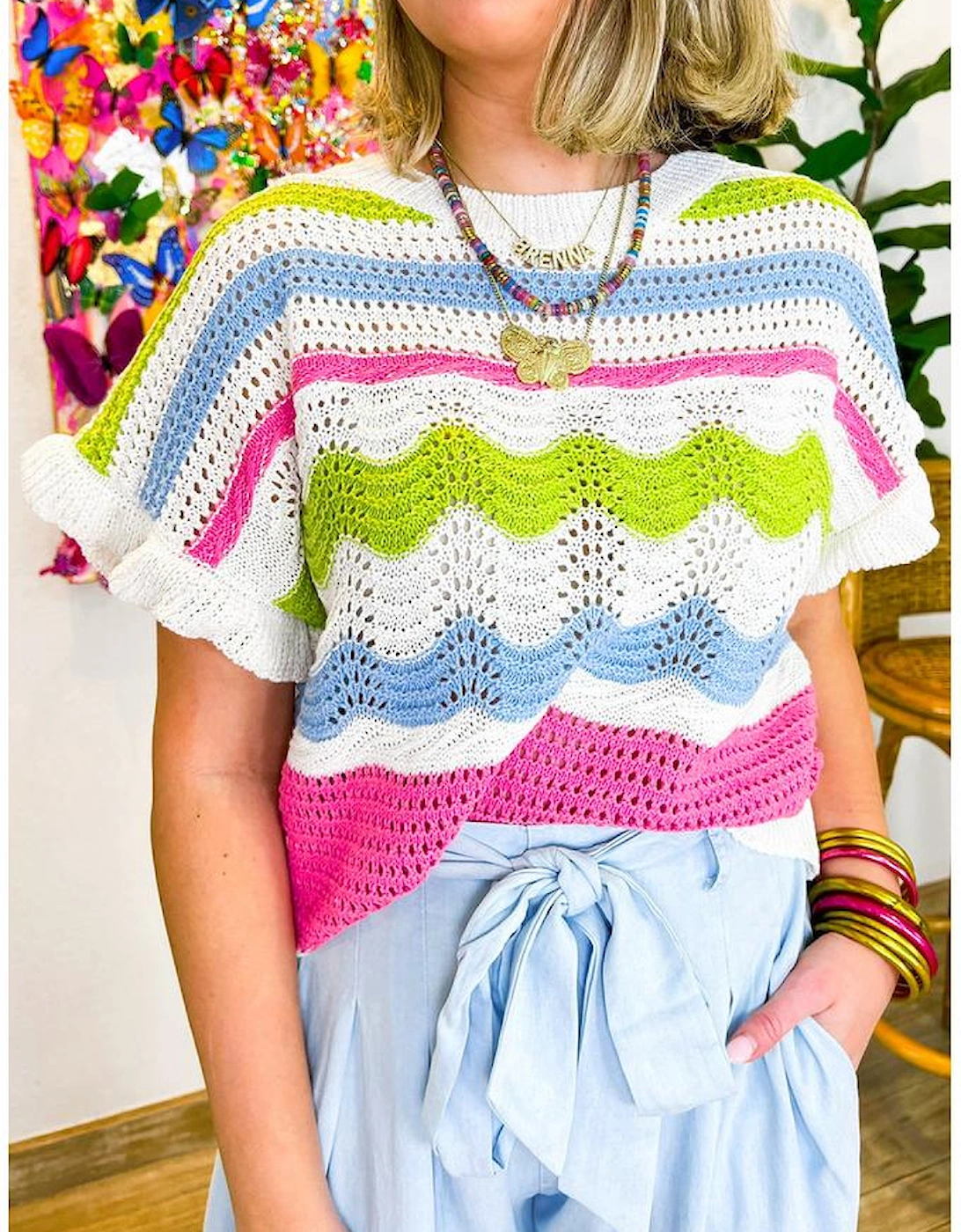 White Colorblock Crochet Knit Ruffled Short Sleeve Sweater Top, 9 of 8