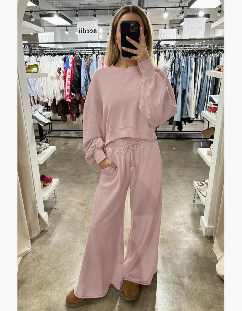 Light Pink Drop Shoulder Puff Sleeve Crop Pullover Drawstring Wide Leg Pants Set