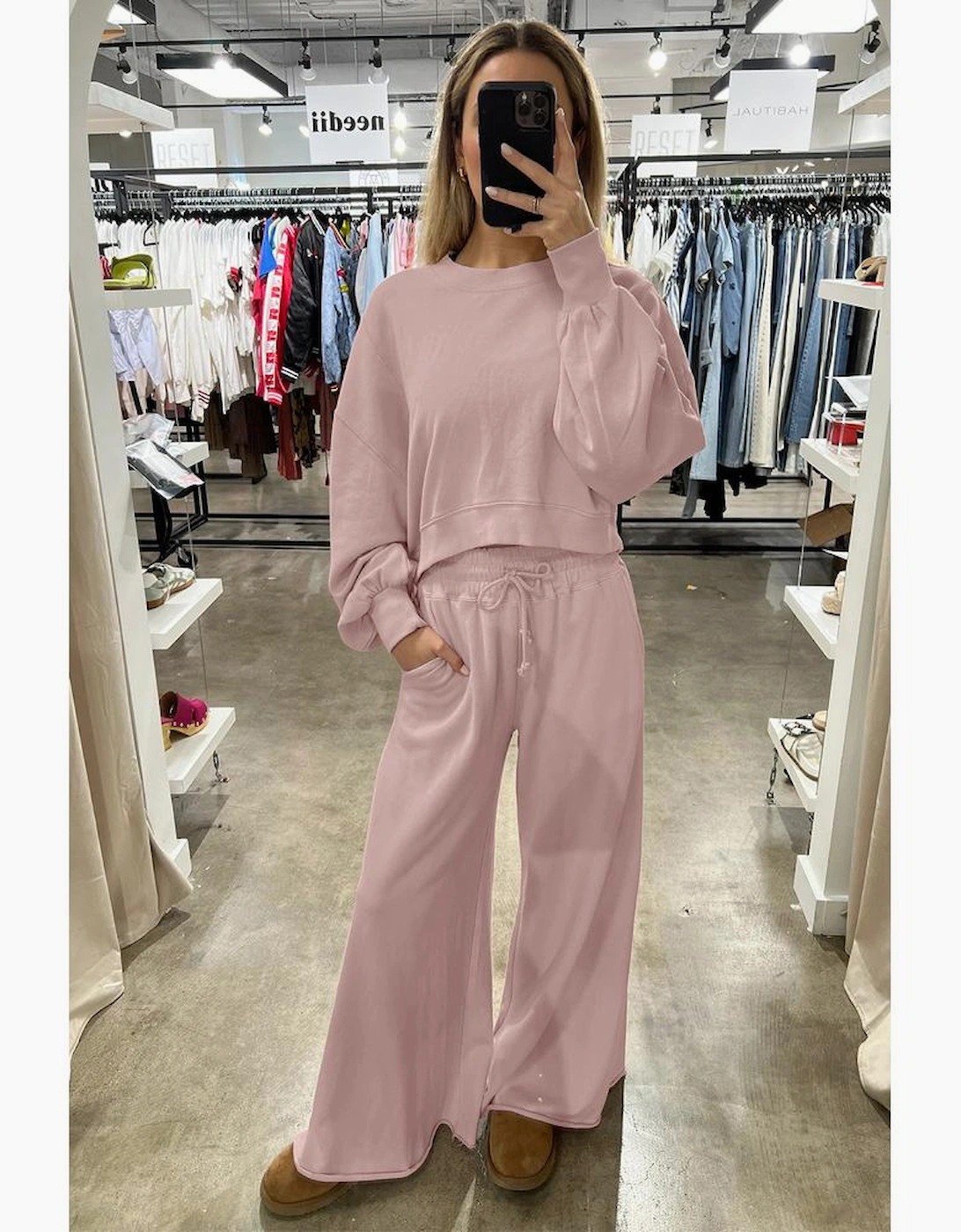 Light Pink Drop Shoulder Puff Sleeve Crop Pullover Drawstring Wide Leg Pants Set