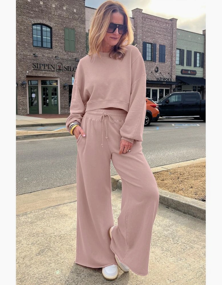 Light Pink Drop Shoulder Puff Sleeve Crop Pullover Drawstring Wide Leg Pants Set