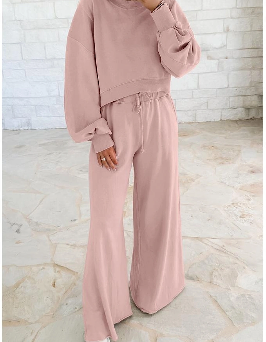 Light Pink Drop Shoulder Puff Sleeve Crop Pullover Drawstring Wide Leg Pants Set, 5 of 4