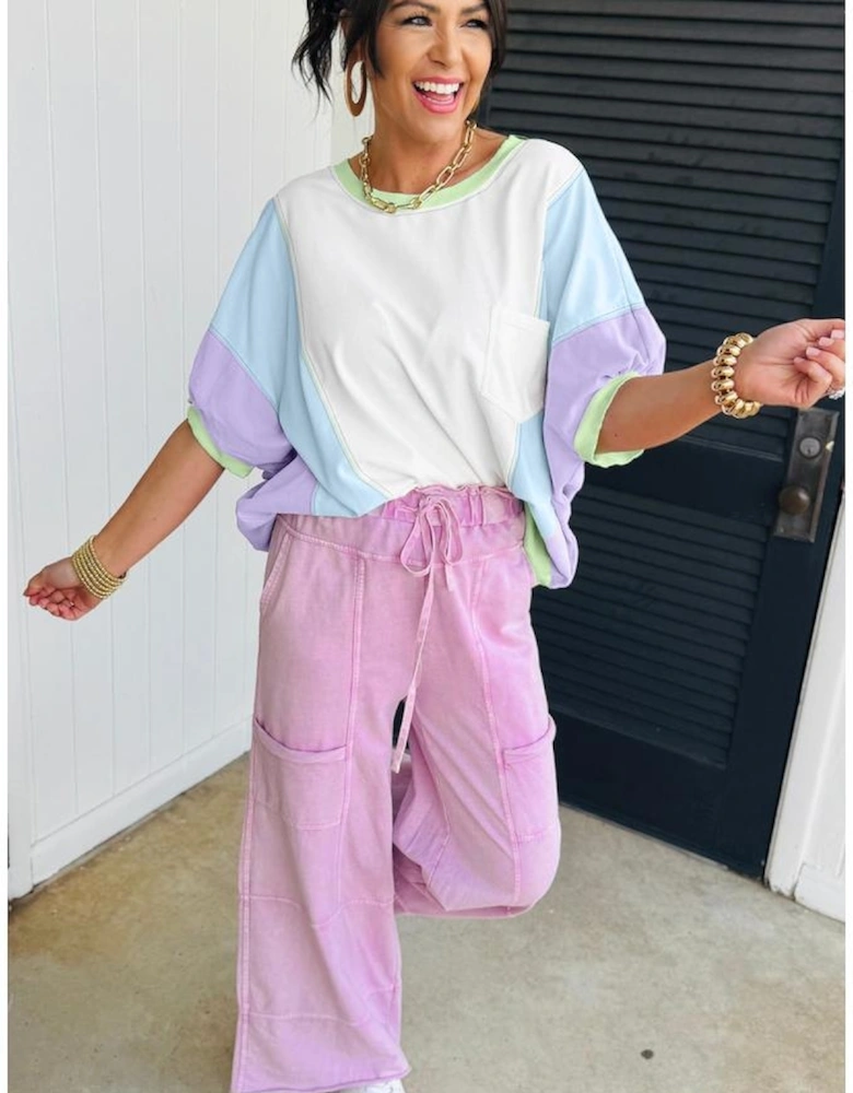 White Color Block Patchwork Half Sleeve Oversized T Shirt