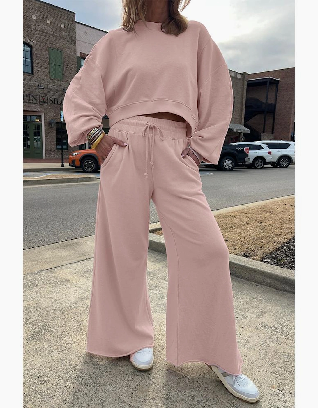 Light Pink Drop Shoulder Puff Sleeve Crop Pullover Drawstring Wide Leg Pants Set