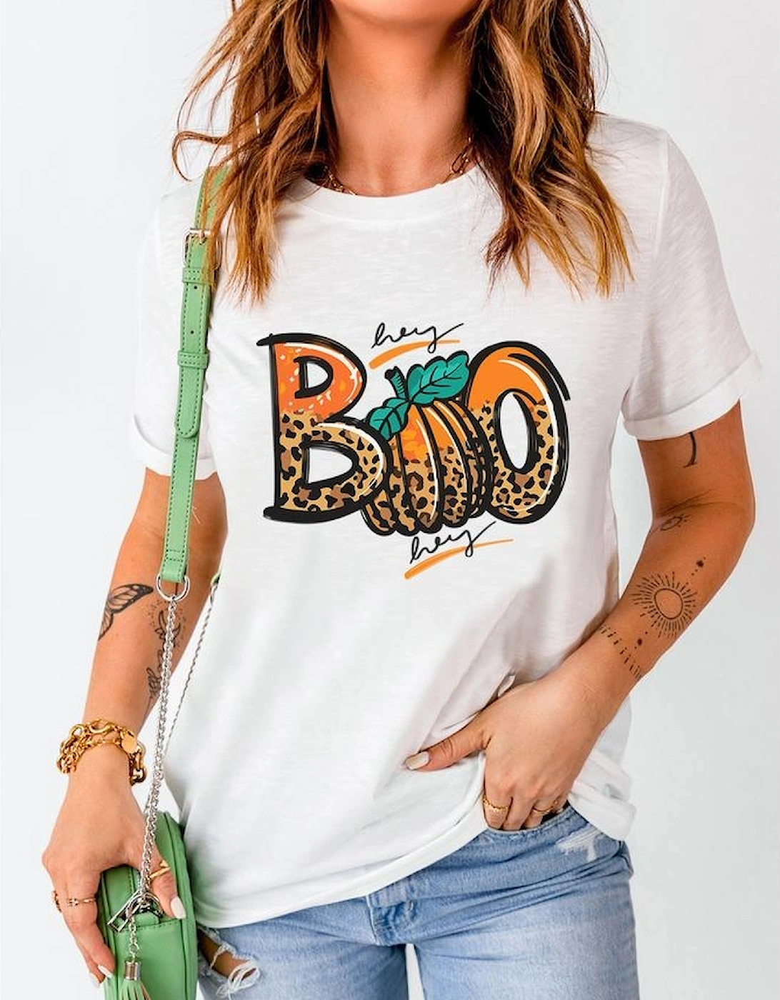 White BOO Pumpkin Leopard Print Crew Neck T Shirt