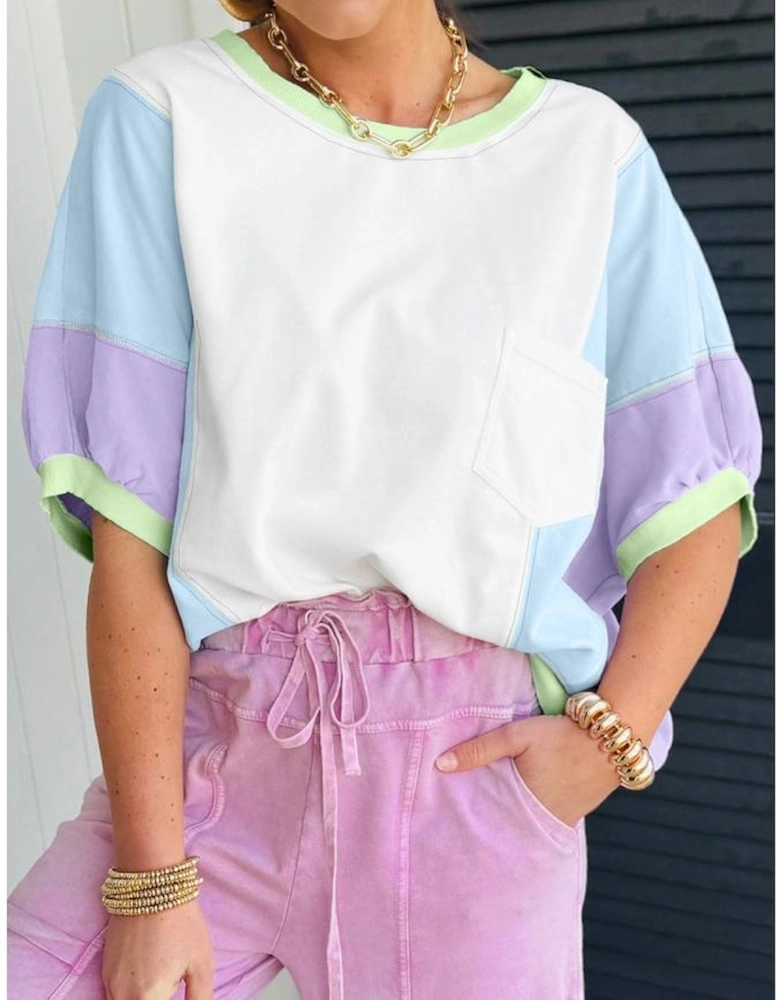 White Color Block Patchwork Half Sleeve Oversized T Shirt