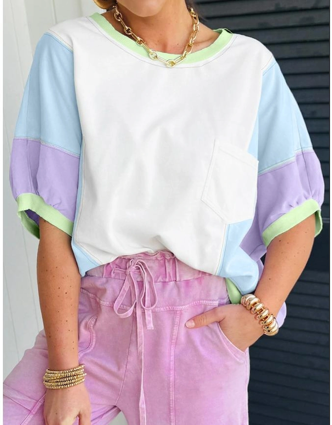 White Color Block Patchwork Half Sleeve Oversized T Shirt