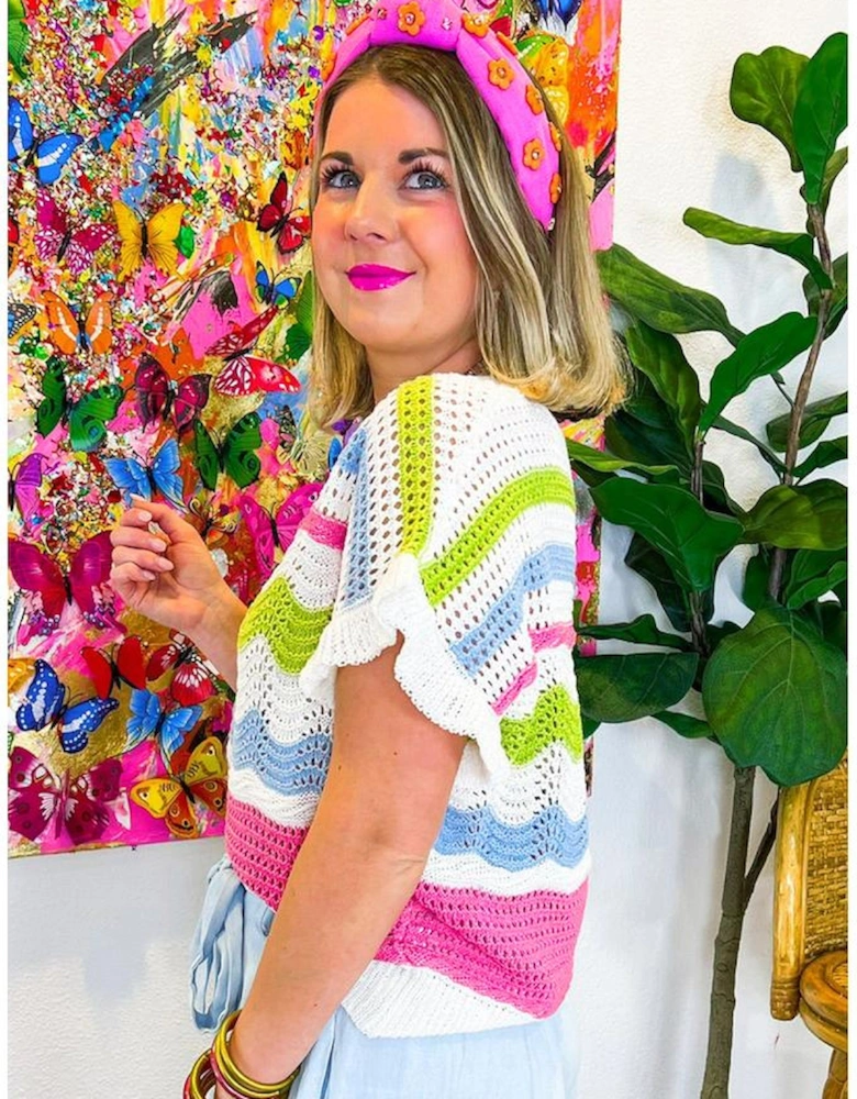 White Colorblock Crochet Knit Ruffled Short Sleeve Sweater Top