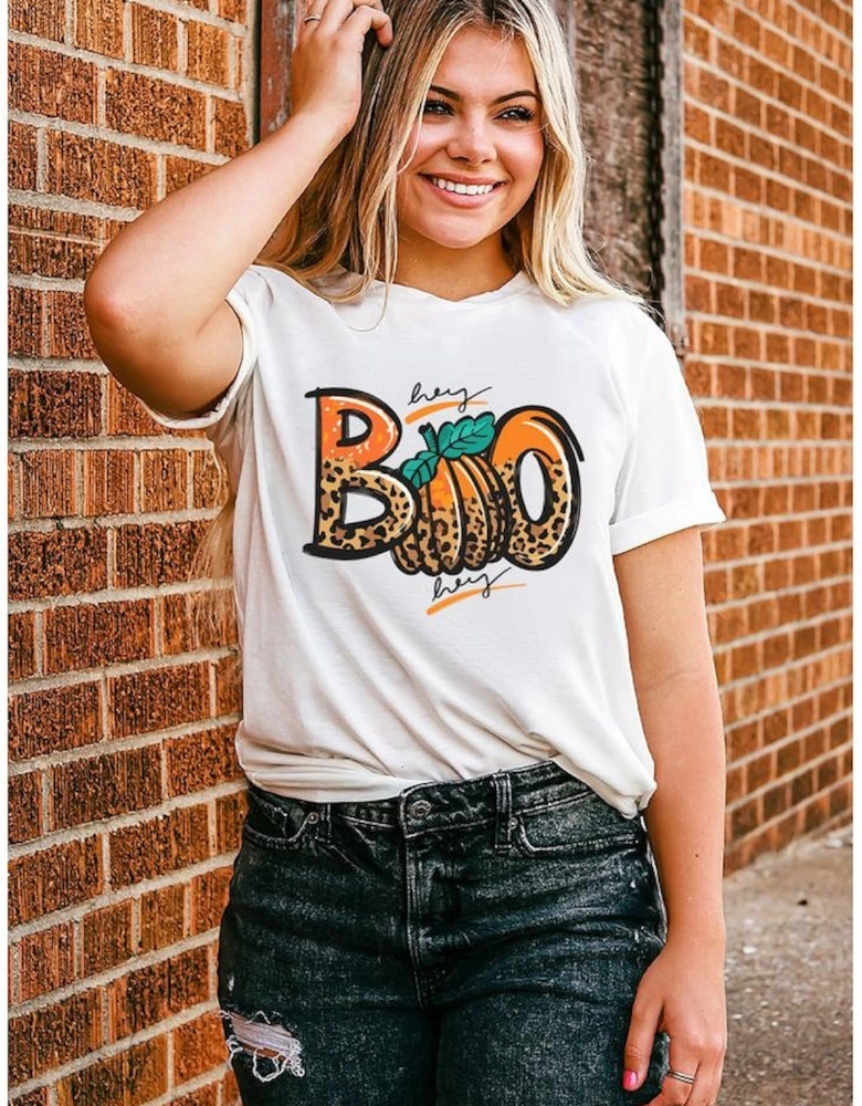 White BOO Pumpkin Leopard Print Crew Neck T Shirt