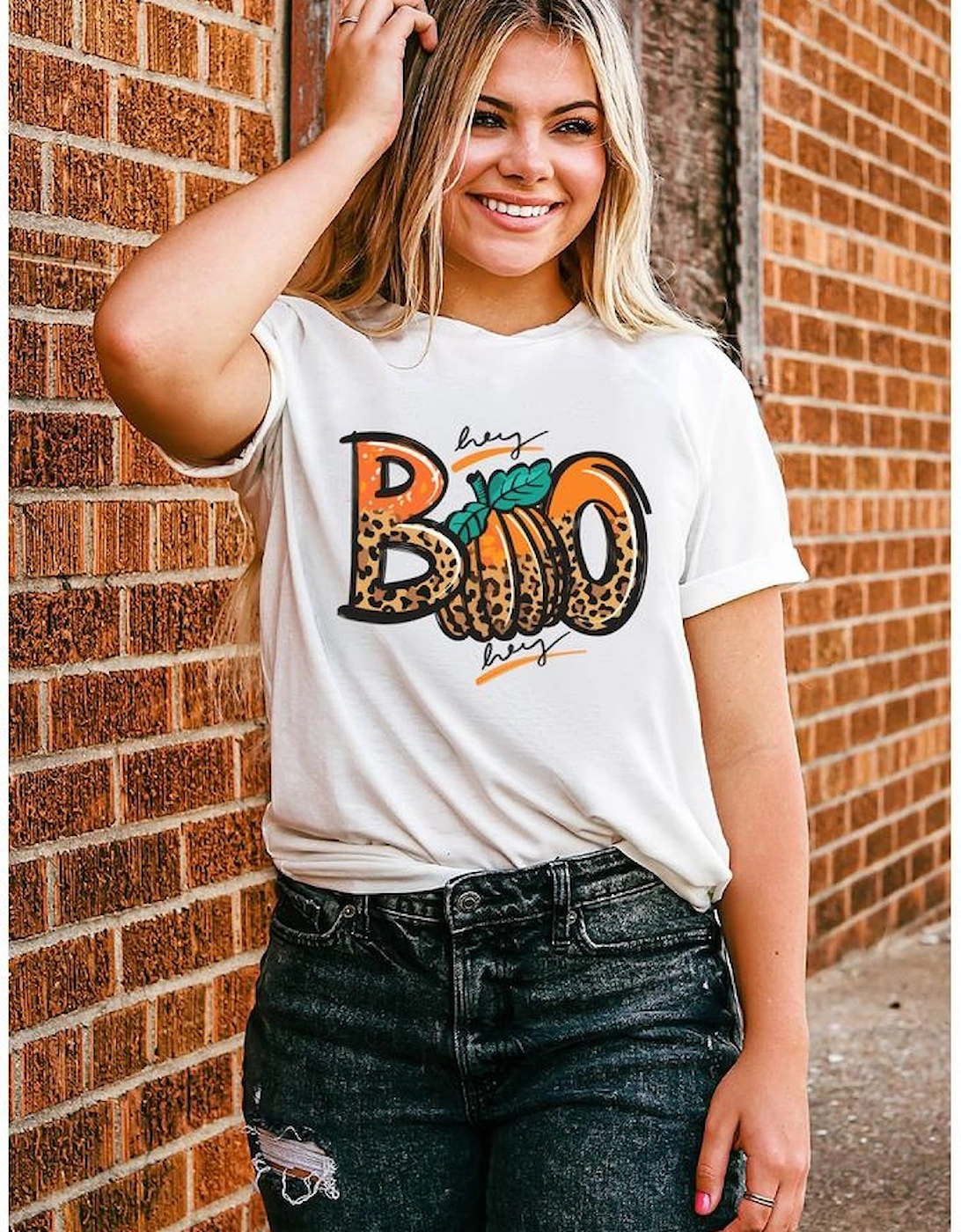White BOO Pumpkin Leopard Print Crew Neck T Shirt, 8 of 7