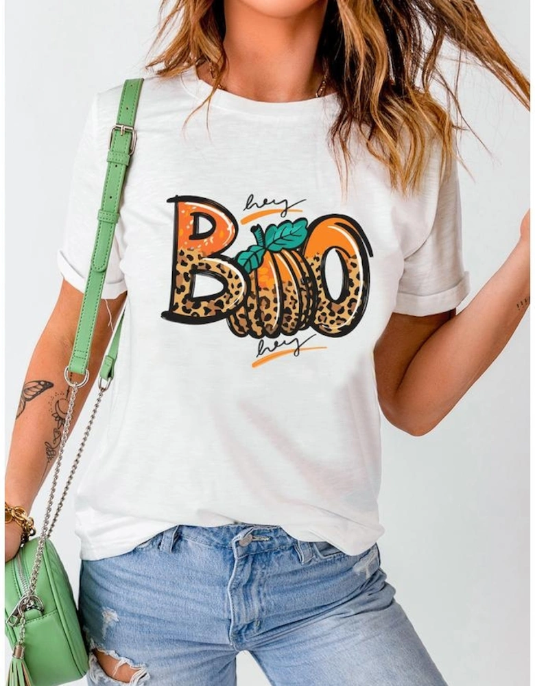White BOO Pumpkin Leopard Print Crew Neck T Shirt