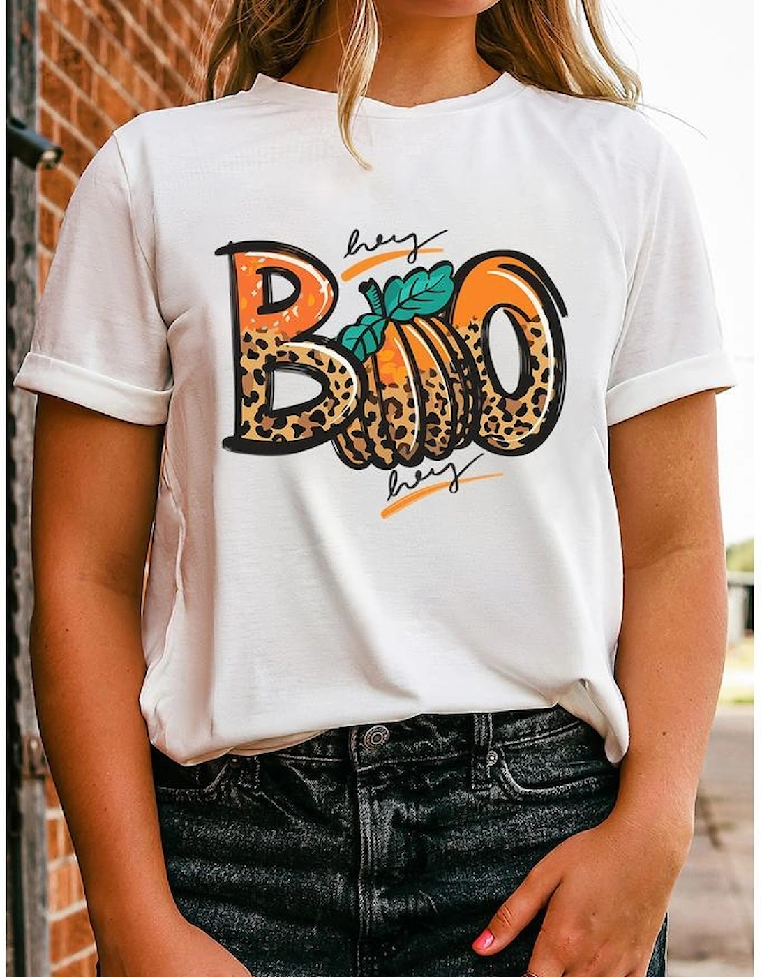 White BOO Pumpkin Leopard Print Crew Neck T Shirt