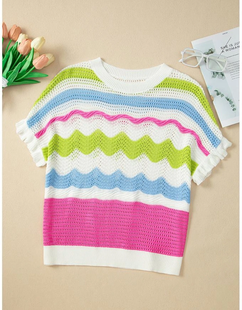 White Colorblock Crochet Knit Ruffled Short Sleeve Sweater Top
