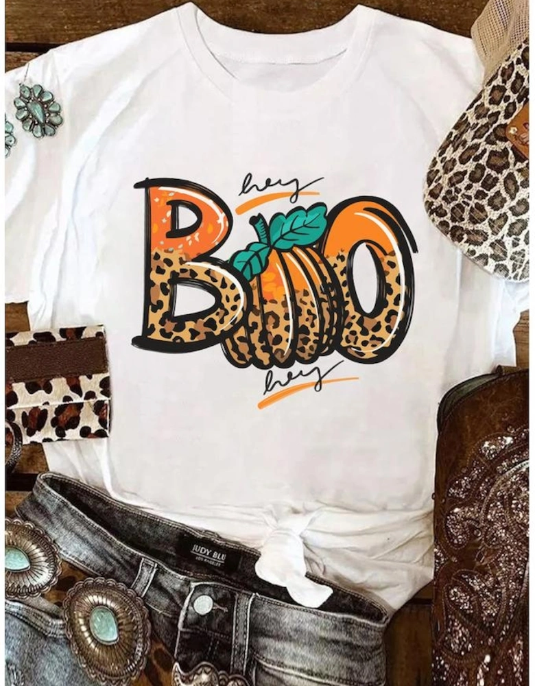 White BOO Pumpkin Leopard Print Crew Neck T Shirt