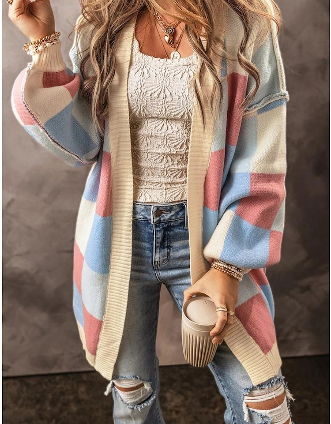 Light Blue Checkered Drop Shoulder Exposed Seam Open Front Cardigan