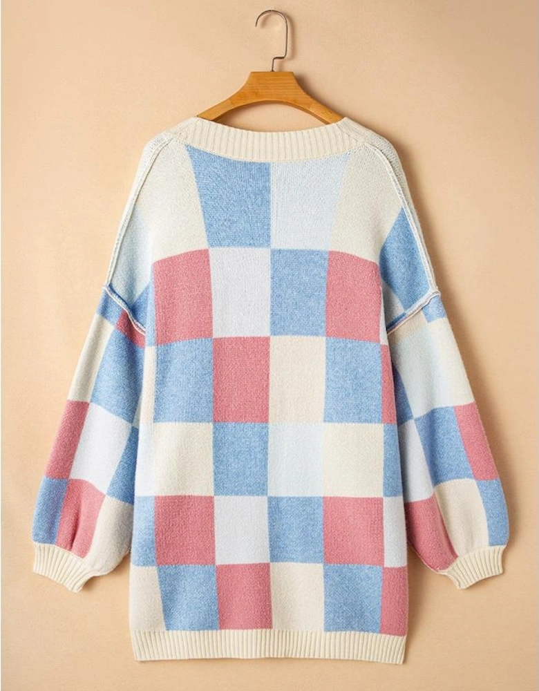 Light Blue Checkered Drop Shoulder Exposed Seam Open Front Cardigan