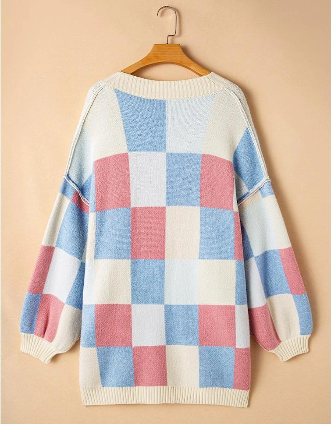 Light Blue Checkered Drop Shoulder Exposed Seam Open Front Cardigan
