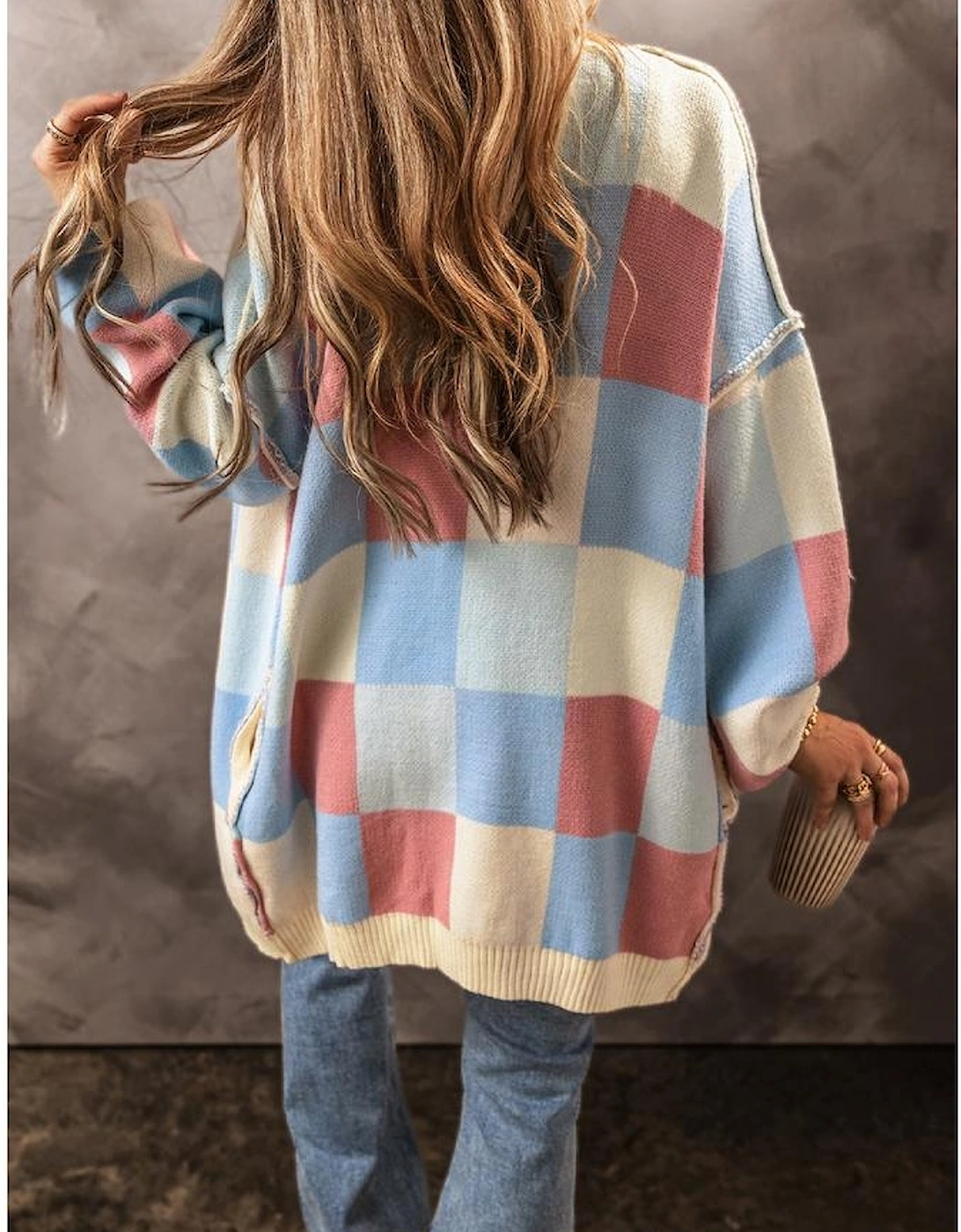 Light Blue Checkered Drop Shoulder Exposed Seam Open Front Cardigan