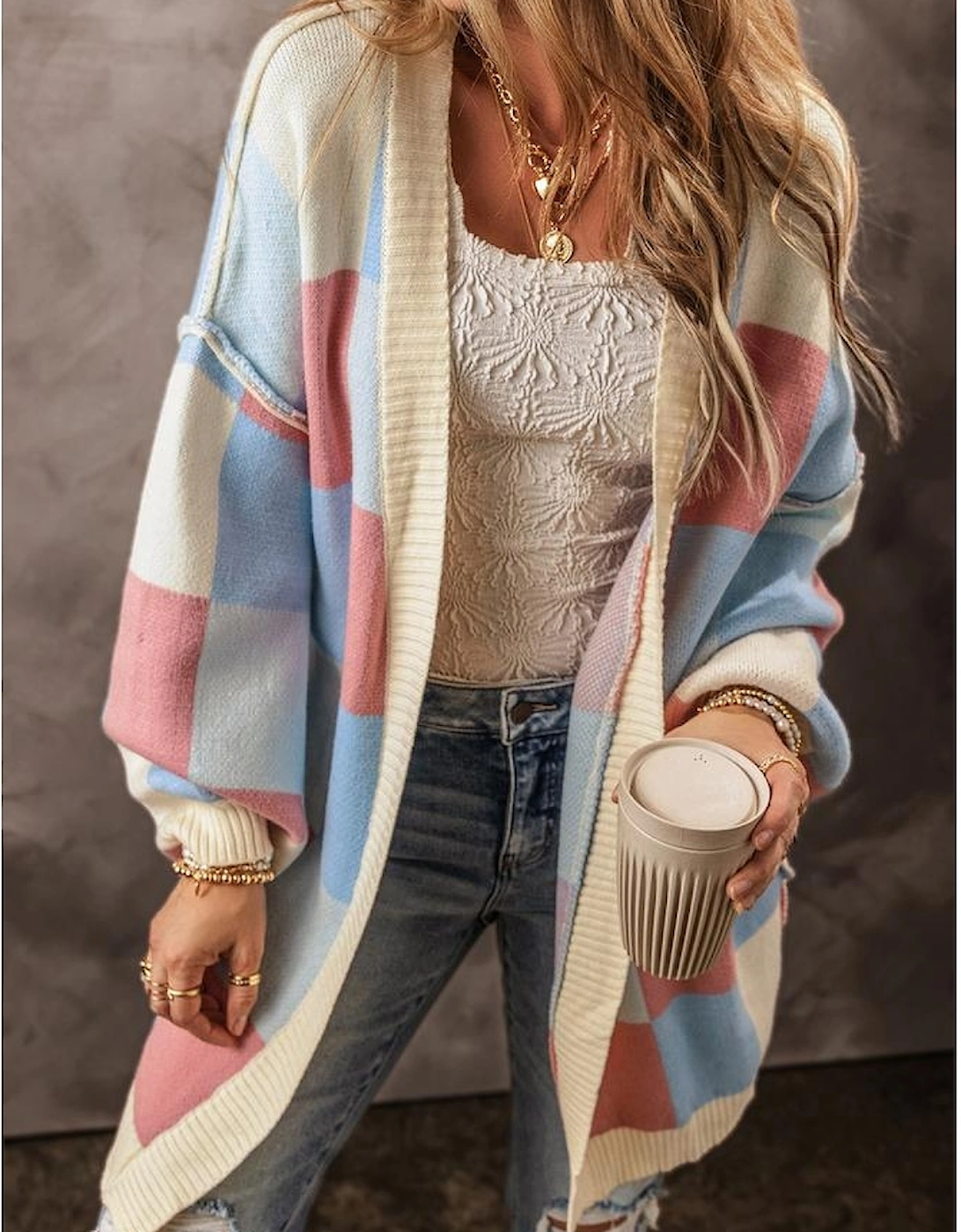 Light Blue Checkered Drop Shoulder Exposed Seam Open Front Cardigan, 10 of 9