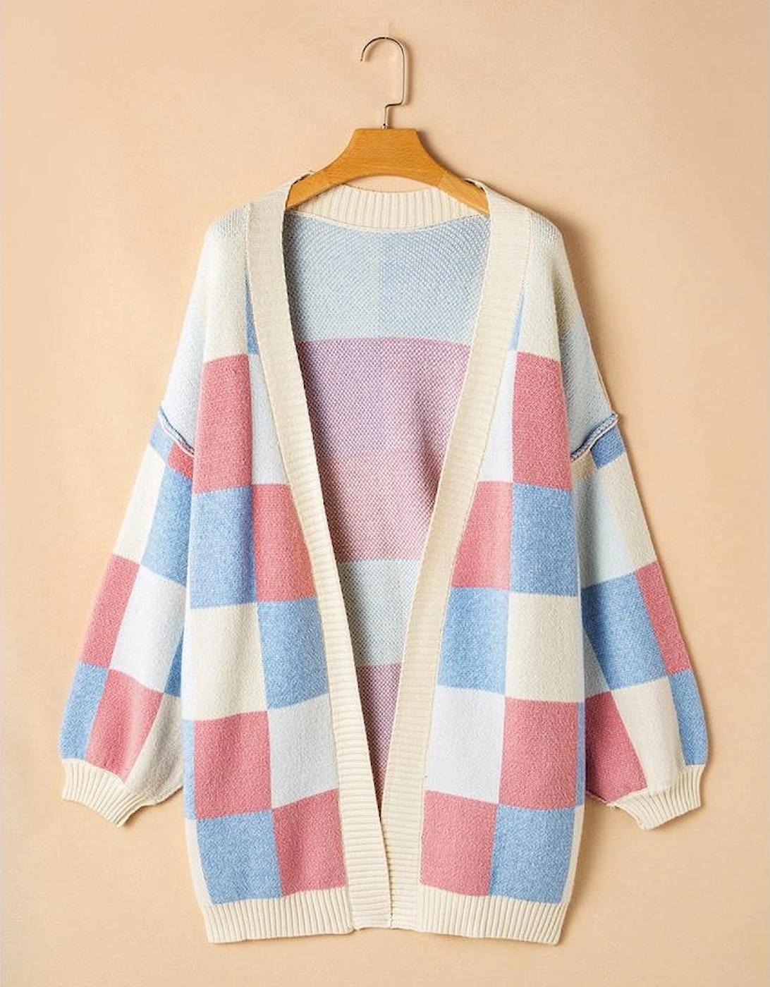 Light Blue Checkered Drop Shoulder Exposed Seam Open Front Cardigan