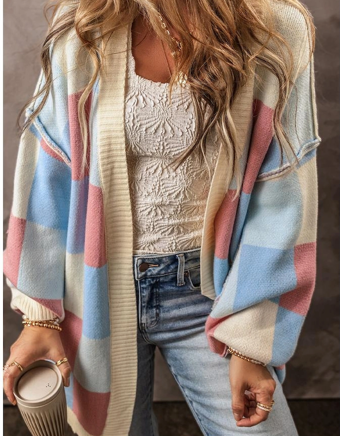 Light Blue Checkered Drop Shoulder Exposed Seam Open Front Cardigan