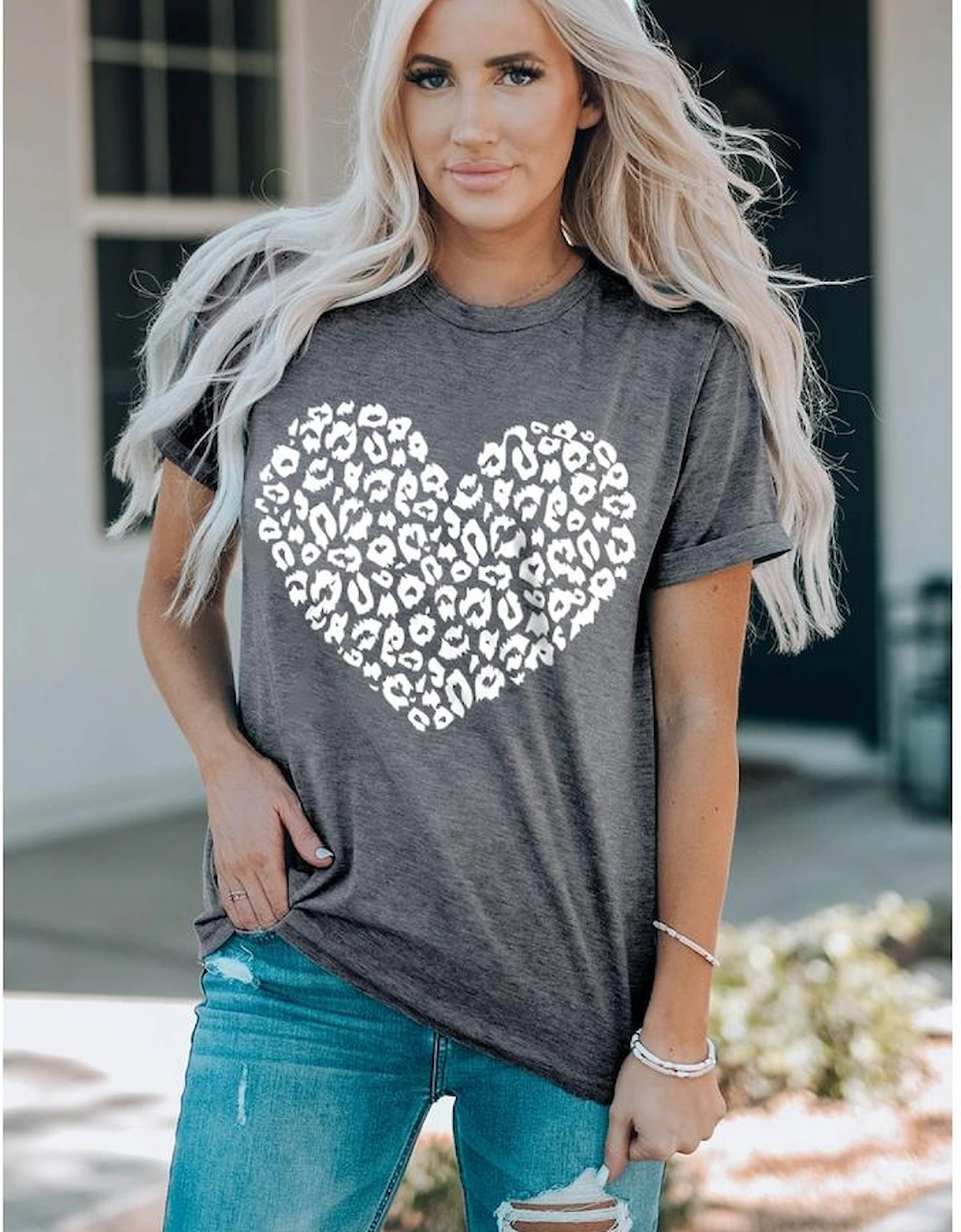 Gray Leopard Kiss Print Valentines Heart Graphic Tee