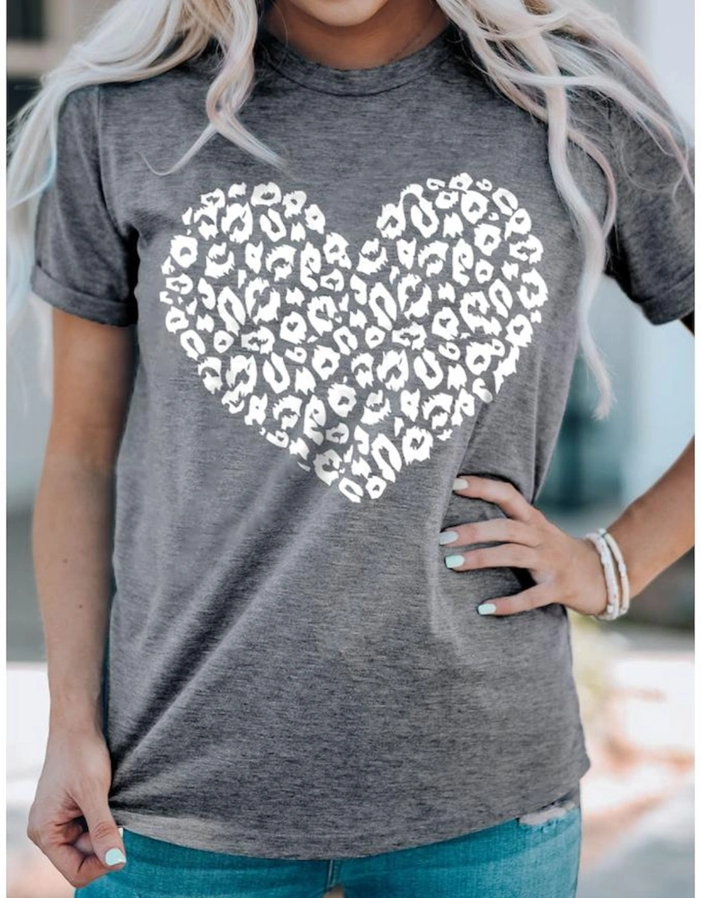 Gray Leopard Kiss Print Valentines Heart Graphic Tee