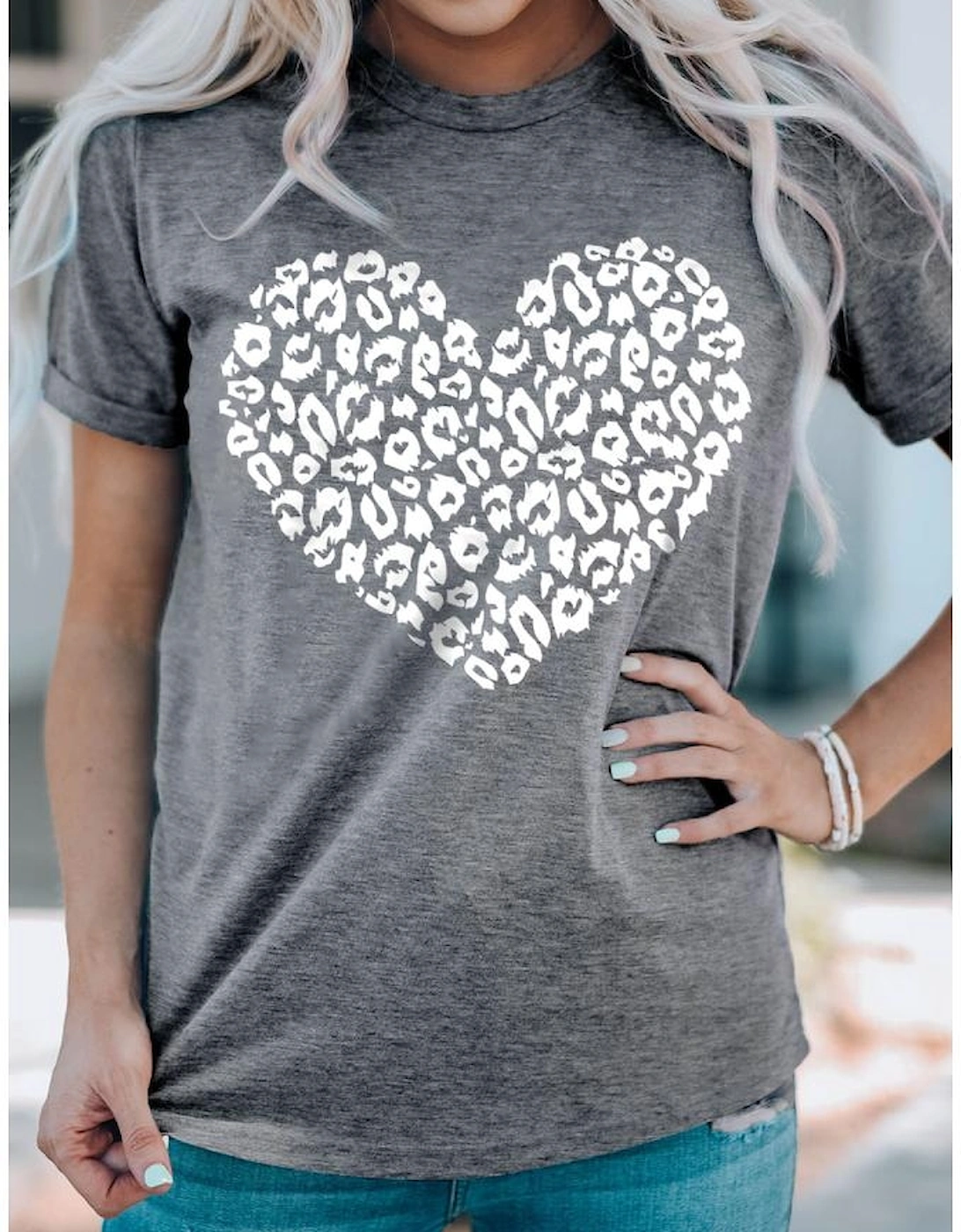 Gray Leopard Kiss Print Valentines Heart Graphic Tee