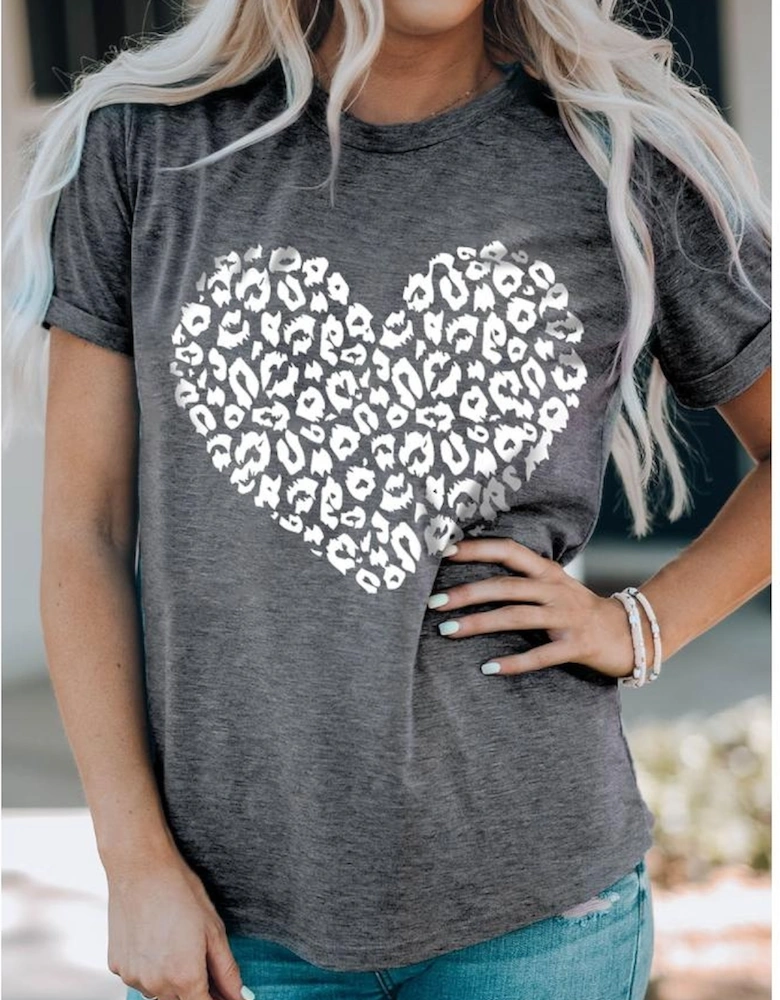 Gray Leopard Kiss Print Valentines Heart Graphic Tee