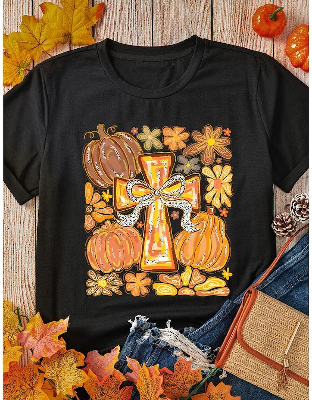 Black Thanksgiving Pray Cross Pumpkin Graphic Cotton Blend Tee, 8 of 7