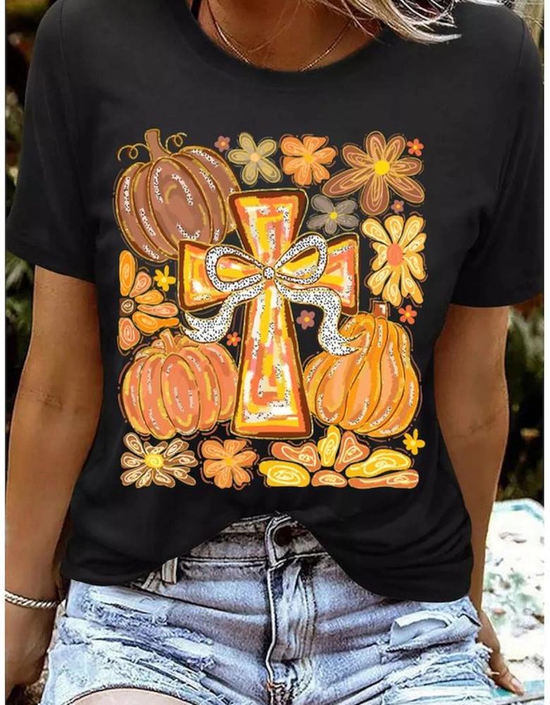 Black Thanksgiving Pray Cross Pumpkin Graphic Cotton Blend Tee