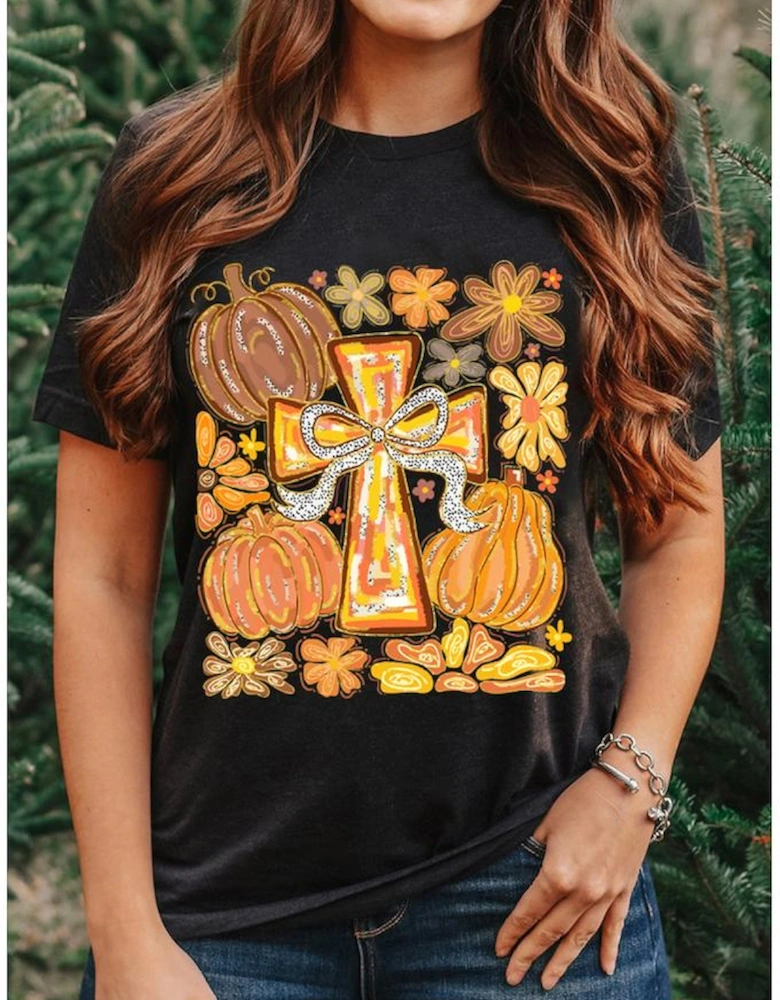 Black Thanksgiving Pray Cross Pumpkin Graphic Cotton Blend Tee