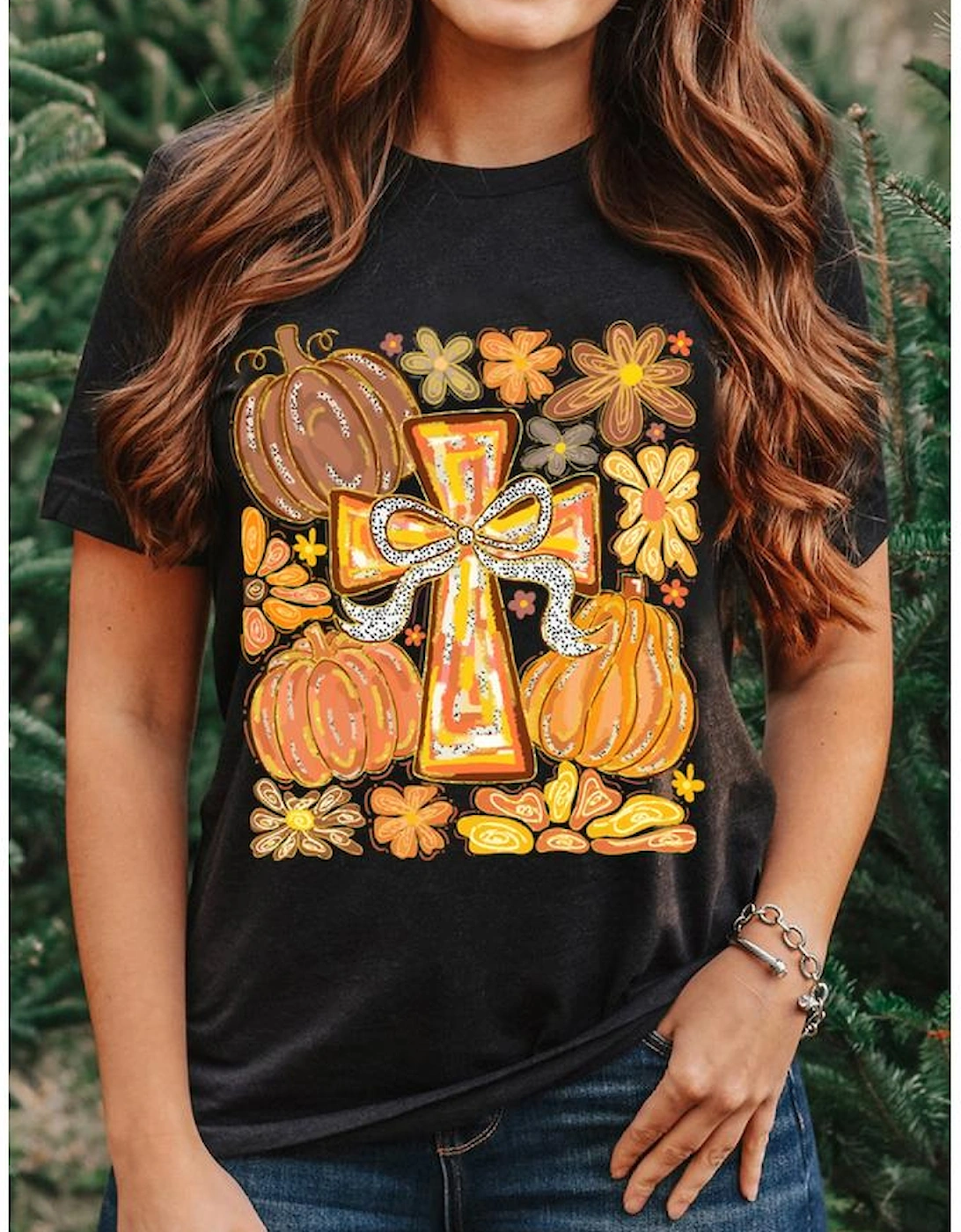 Black Thanksgiving Pray Cross Pumpkin Graphic Cotton Blend Tee
