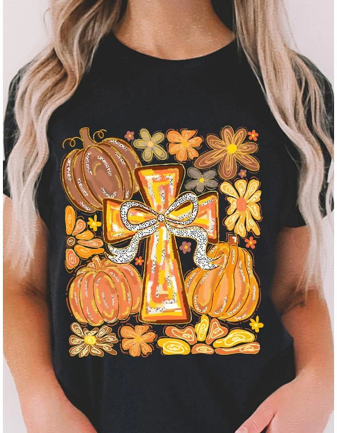 Black Thanksgiving Pray Cross Pumpkin Graphic Cotton Blend Tee