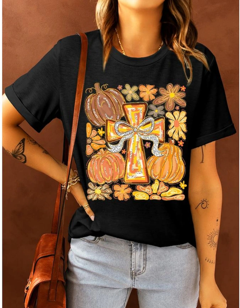 Black Thanksgiving Pray Cross Pumpkin Graphic Cotton Blend Tee