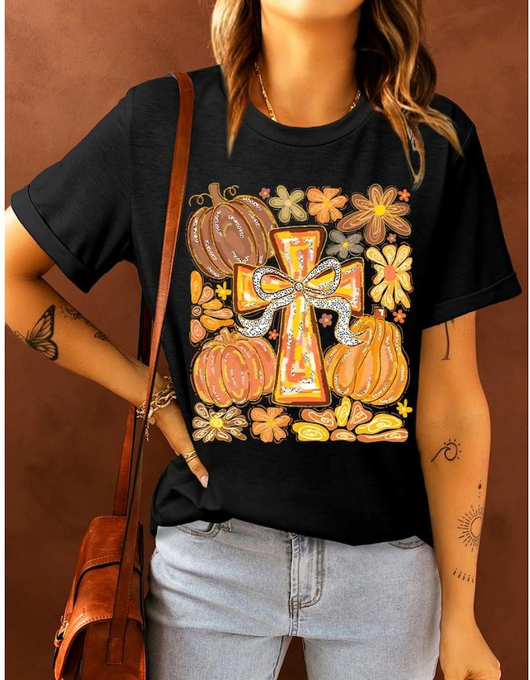 Black Thanksgiving Pray Cross Pumpkin Graphic Cotton Blend Tee