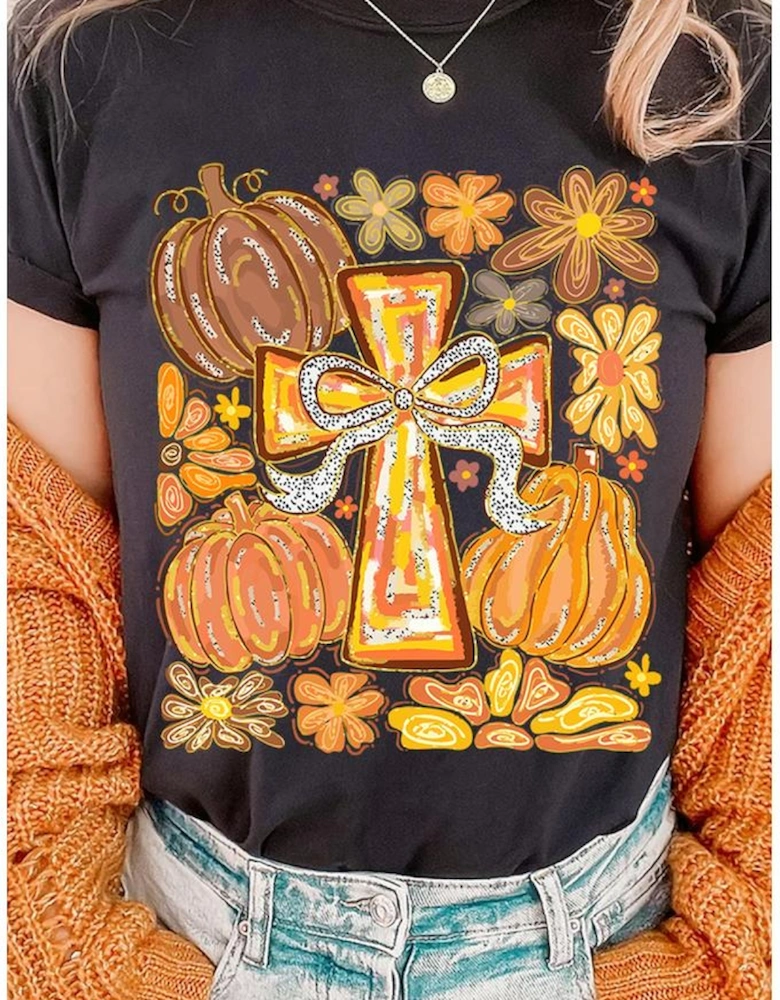 Black Thanksgiving Pray Cross Pumpkin Graphic Cotton Blend Tee
