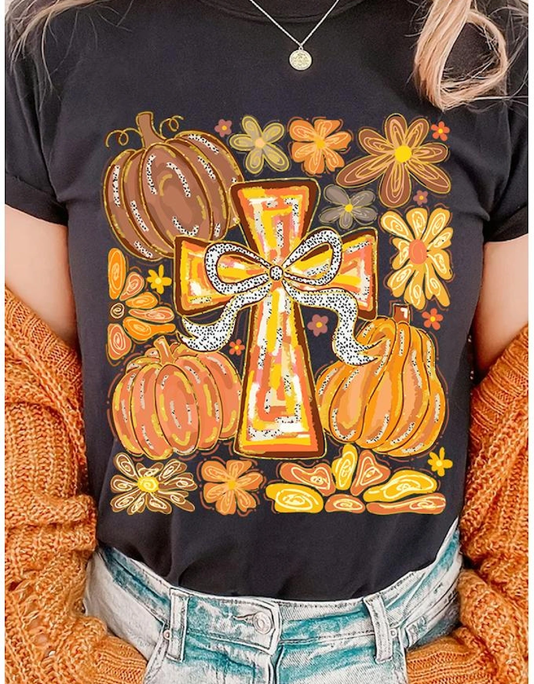 Black Thanksgiving Pray Cross Pumpkin Graphic Cotton Blend Tee