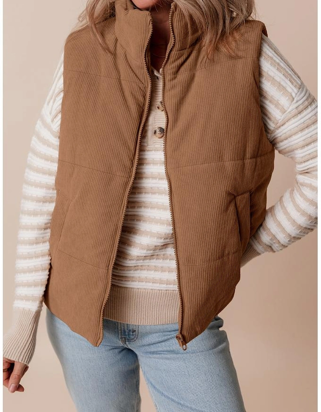 Coffee Corduroy Stand Neck Zipped Puffer Vest