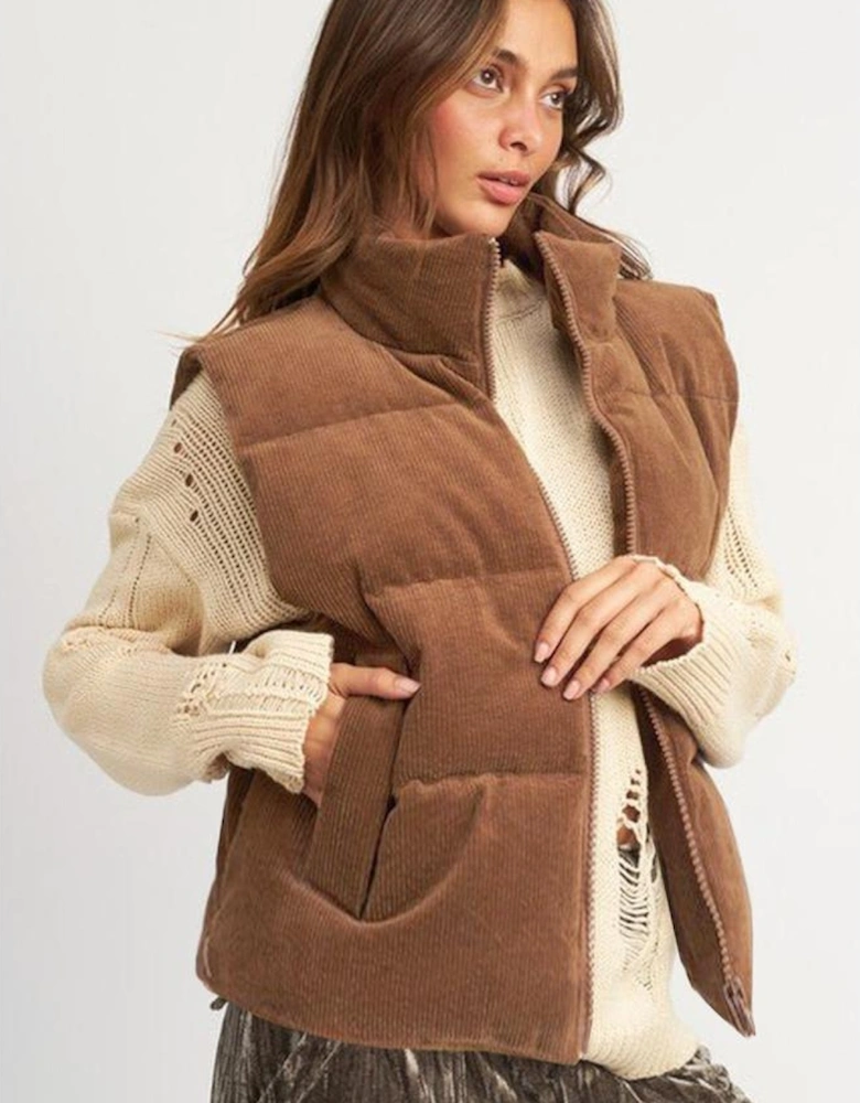 Coffee Corduroy Stand Neck Zipped Puffer Vest