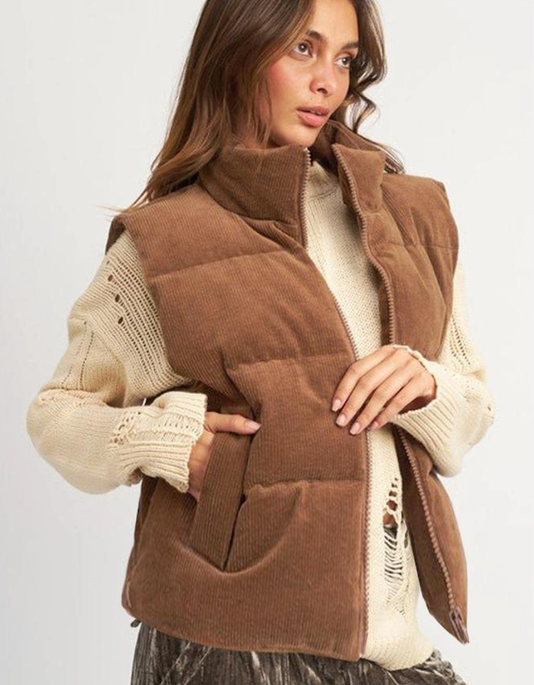 Coffee Corduroy Stand Neck Zipped Puffer Vest