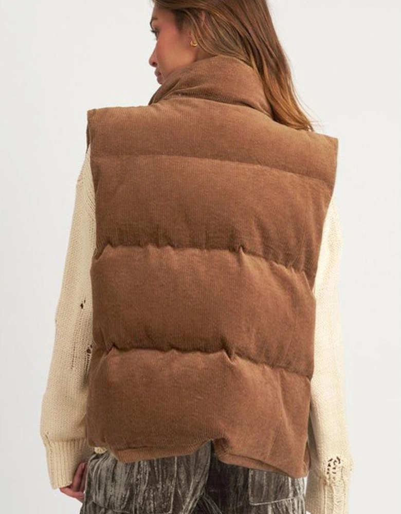 Coffee Corduroy Stand Neck Zipped Puffer Vest