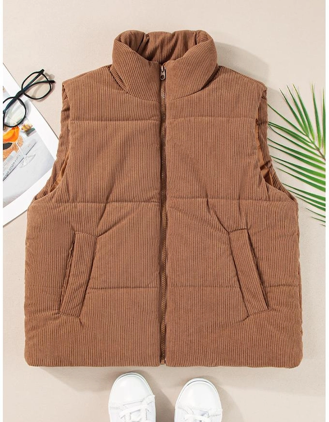 Coffee Corduroy Stand Neck Zipped Puffer Vest