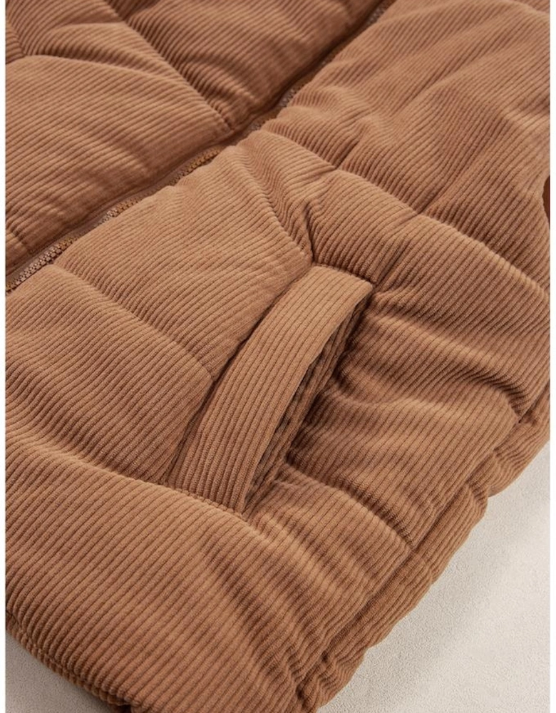 Coffee Corduroy Stand Neck Zipped Puffer Vest