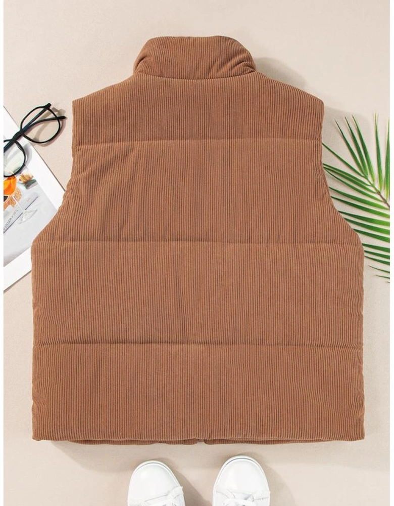 Coffee Corduroy Stand Neck Zipped Puffer Vest