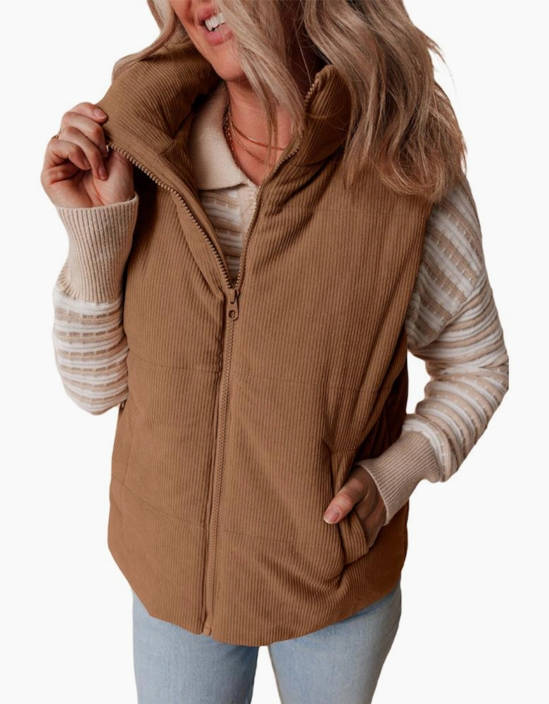 Coffee Corduroy Stand Neck Zipped Puffer Vest