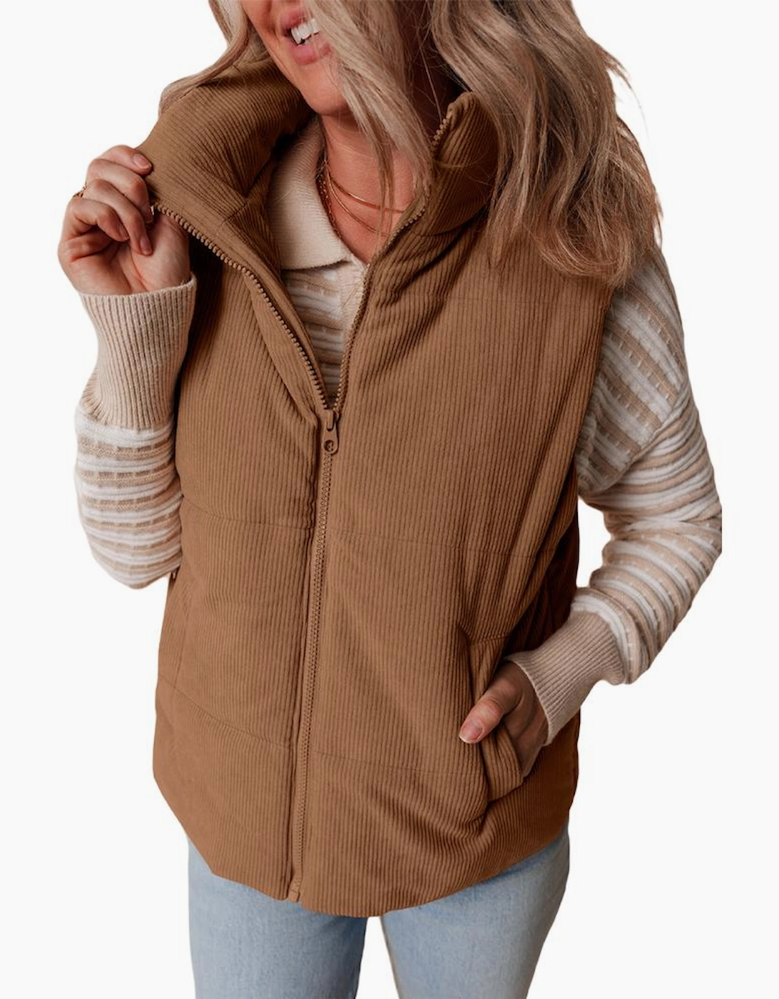 Coffee Corduroy Stand Neck Zipped Puffer Vest