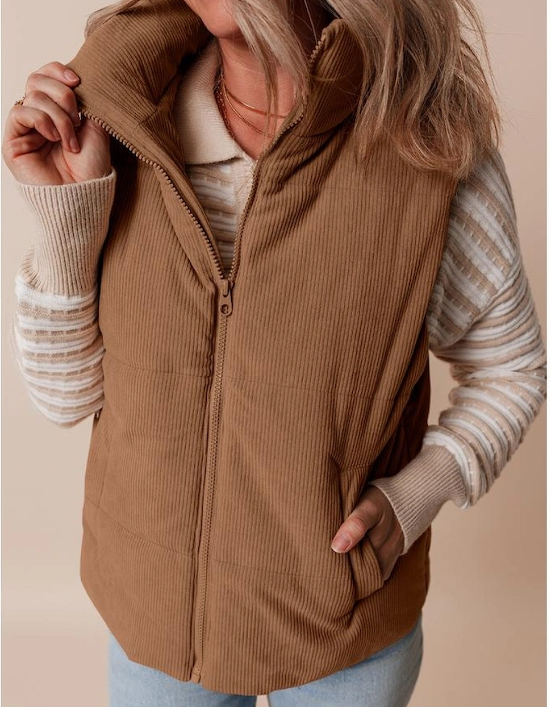 Coffee Corduroy Stand Neck Zipped Puffer Vest