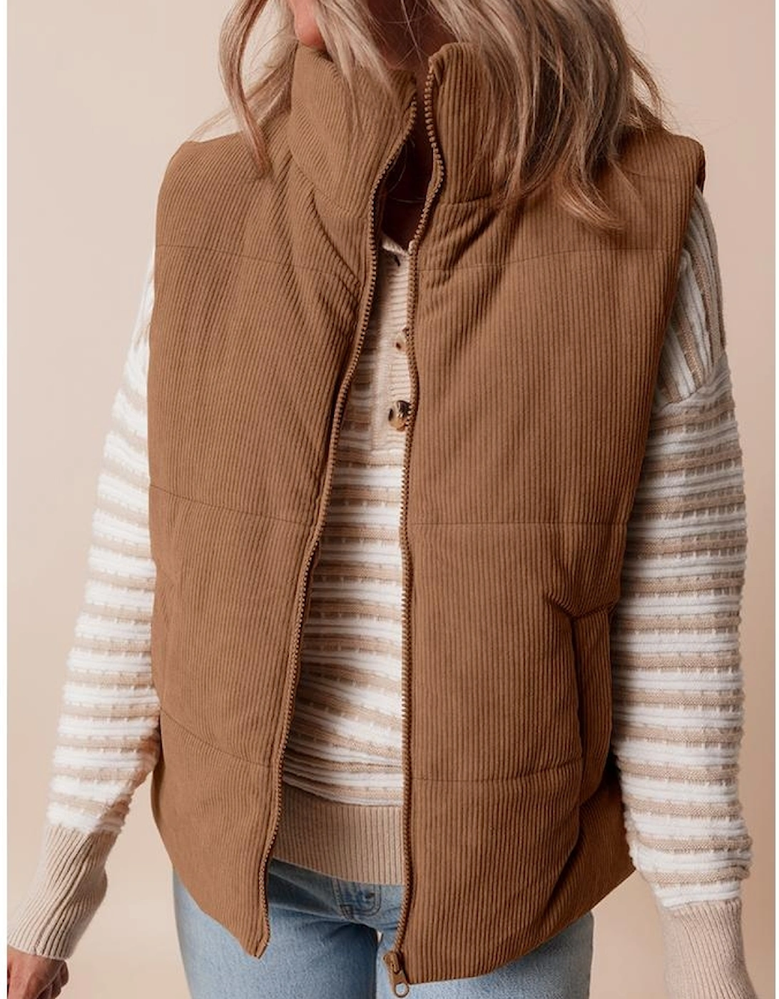 Coffee Corduroy Stand Neck Zipped Puffer Vest
