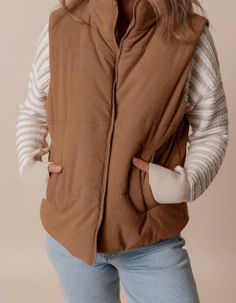 Coffee Corduroy Stand Neck Zipped Puffer Vest
